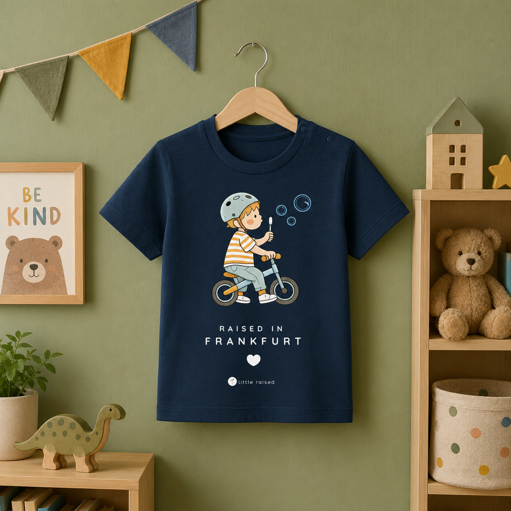 Baby T-Shirt aus Bio-Baumwolle: Raised in Frankfurt (Cityboy)